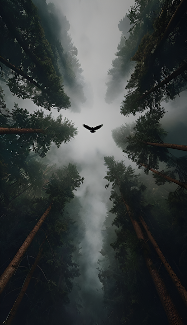 Eagle Silhouette Flying Above Foggy Dark Pine Forest Canopy - Free mobile Wallpaper
