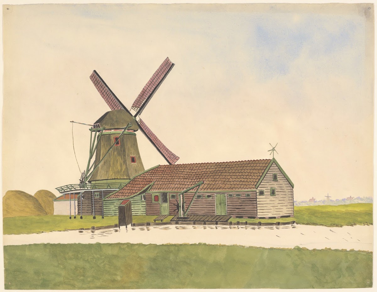 Oliemolen De Zoeker met schuur hijskraan en stilletje 1930 1945