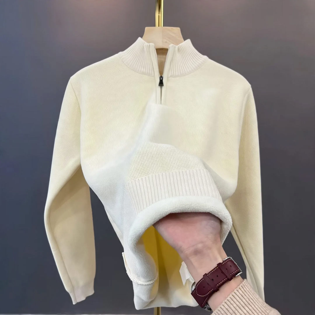 Warm knitted sweater with zipper and lining