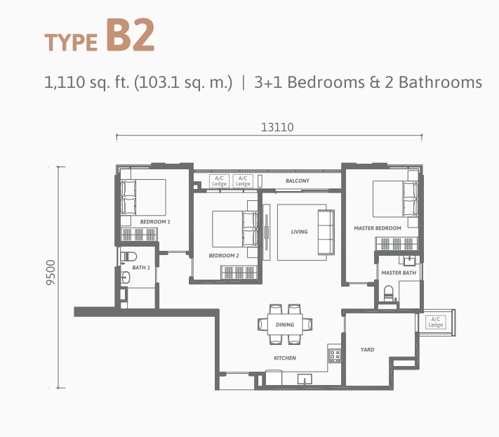 Ren Residence Type B2 floor plan — 1300 sq ft, 4 bedrooms