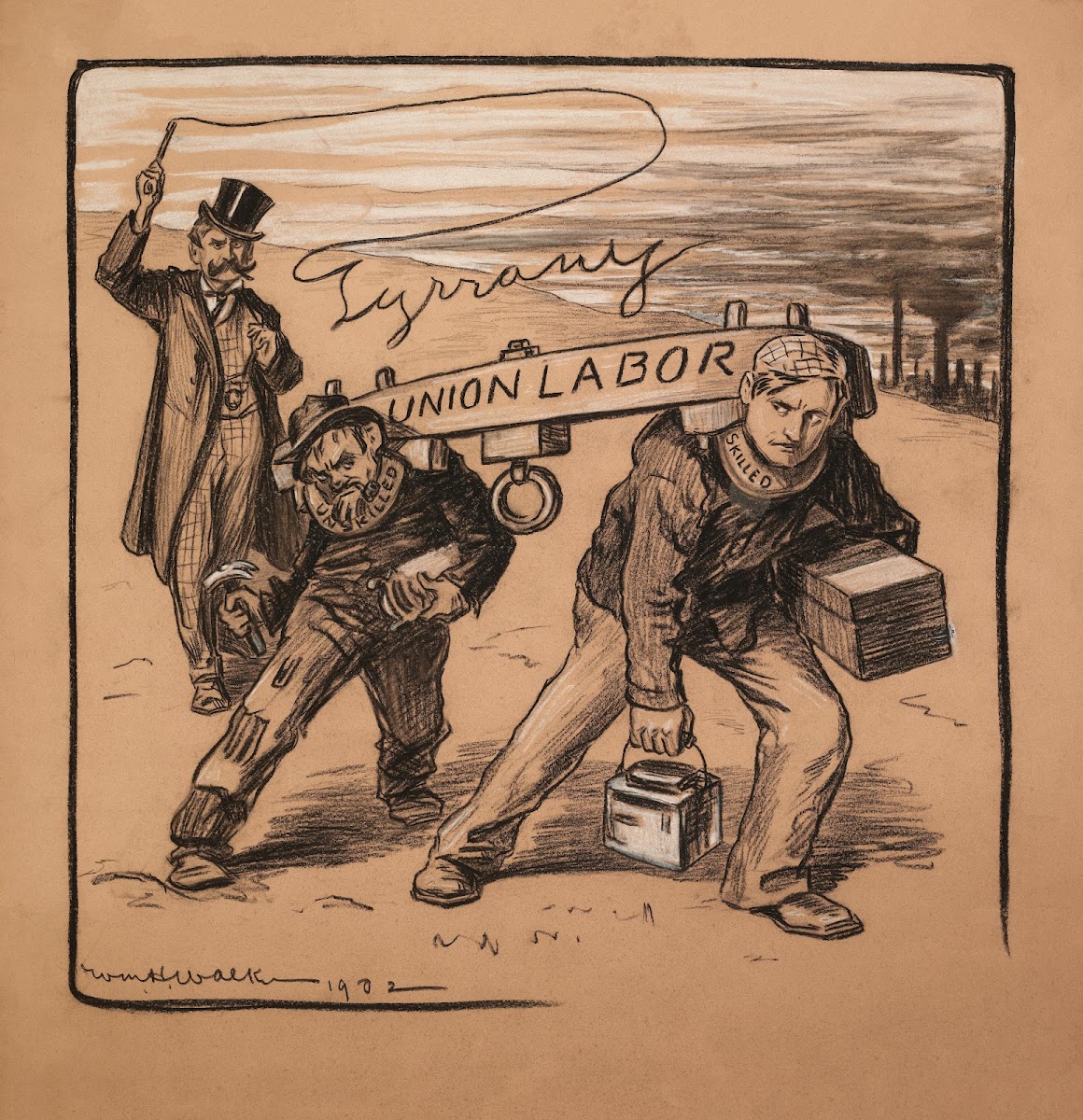 Men representing skilled and unskilled workers are yoked together by union labor