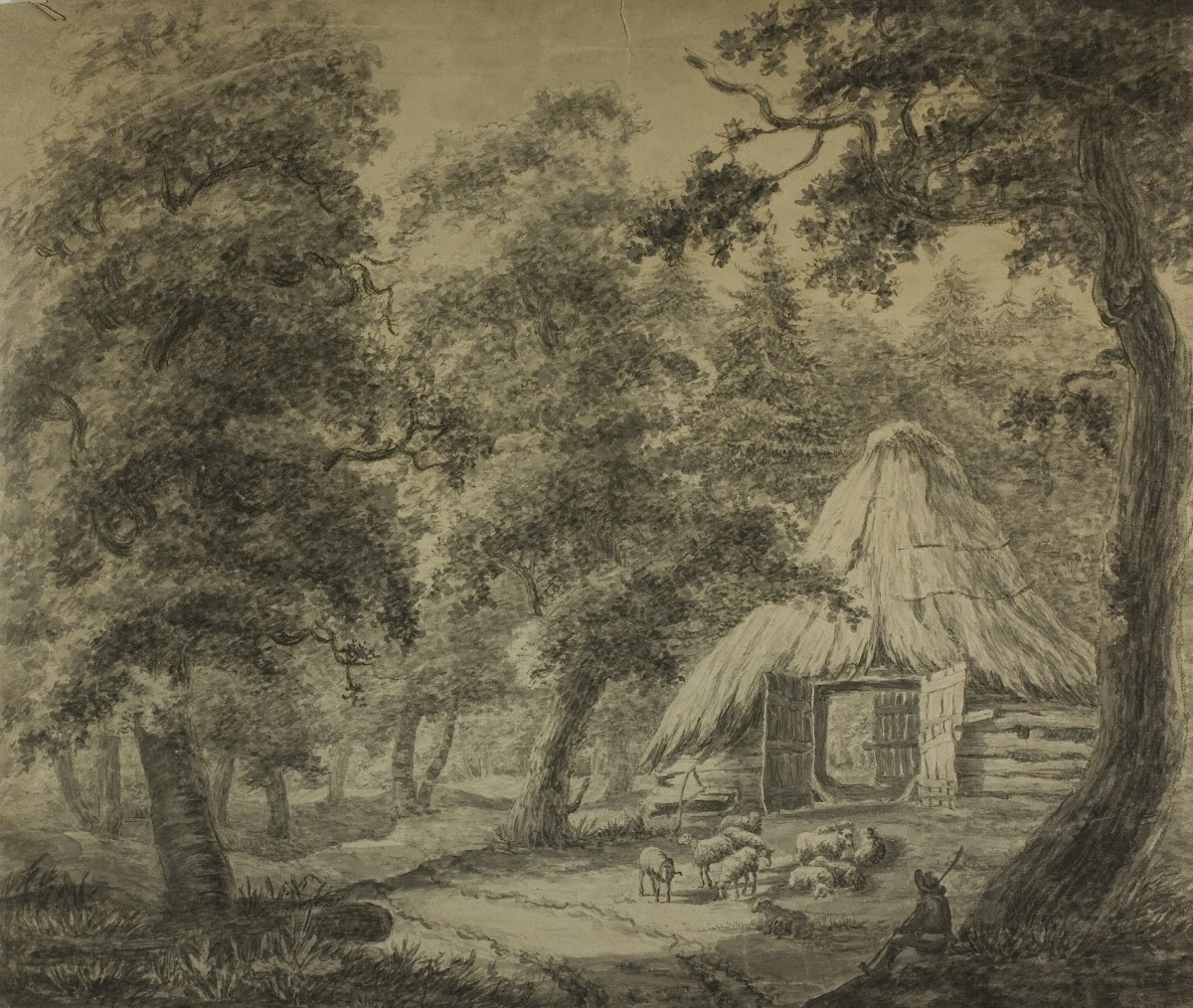 Thatched Hut in Woods with Shepherd and Sheep