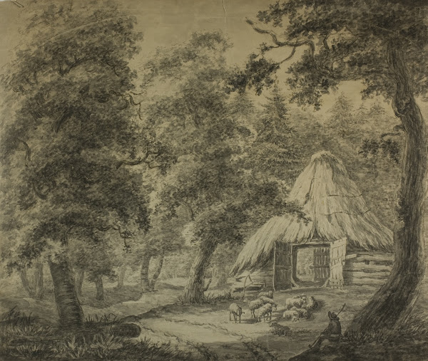 Thatched Hut in Woods with Shepherd and Sheep