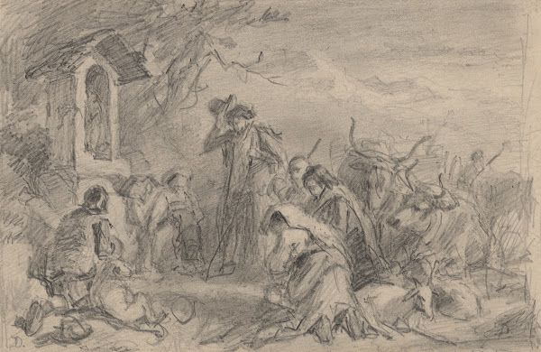Peasants kneeling at shrine
