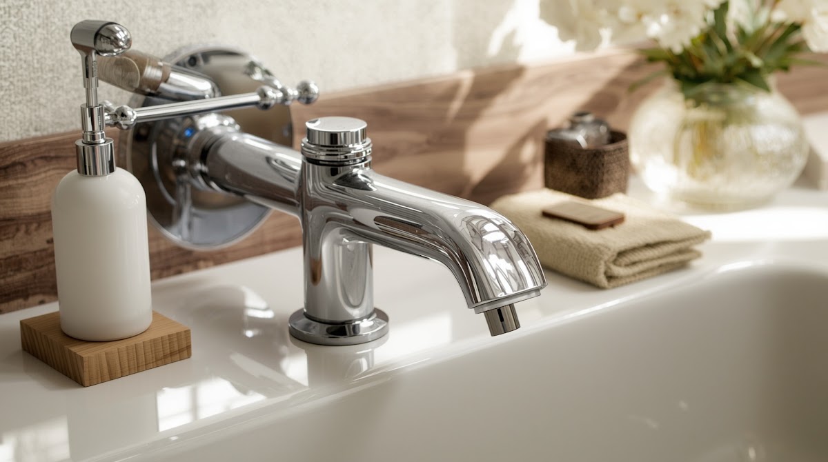 How to Warm Up Chrome Bathroom Accessories With Natural Wood - chrome detail beside warm wood grain and textured fabric