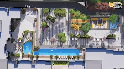 Phối cảnh hồ bơi và sân vườn nhìn từ trên cao Bcons NewSky