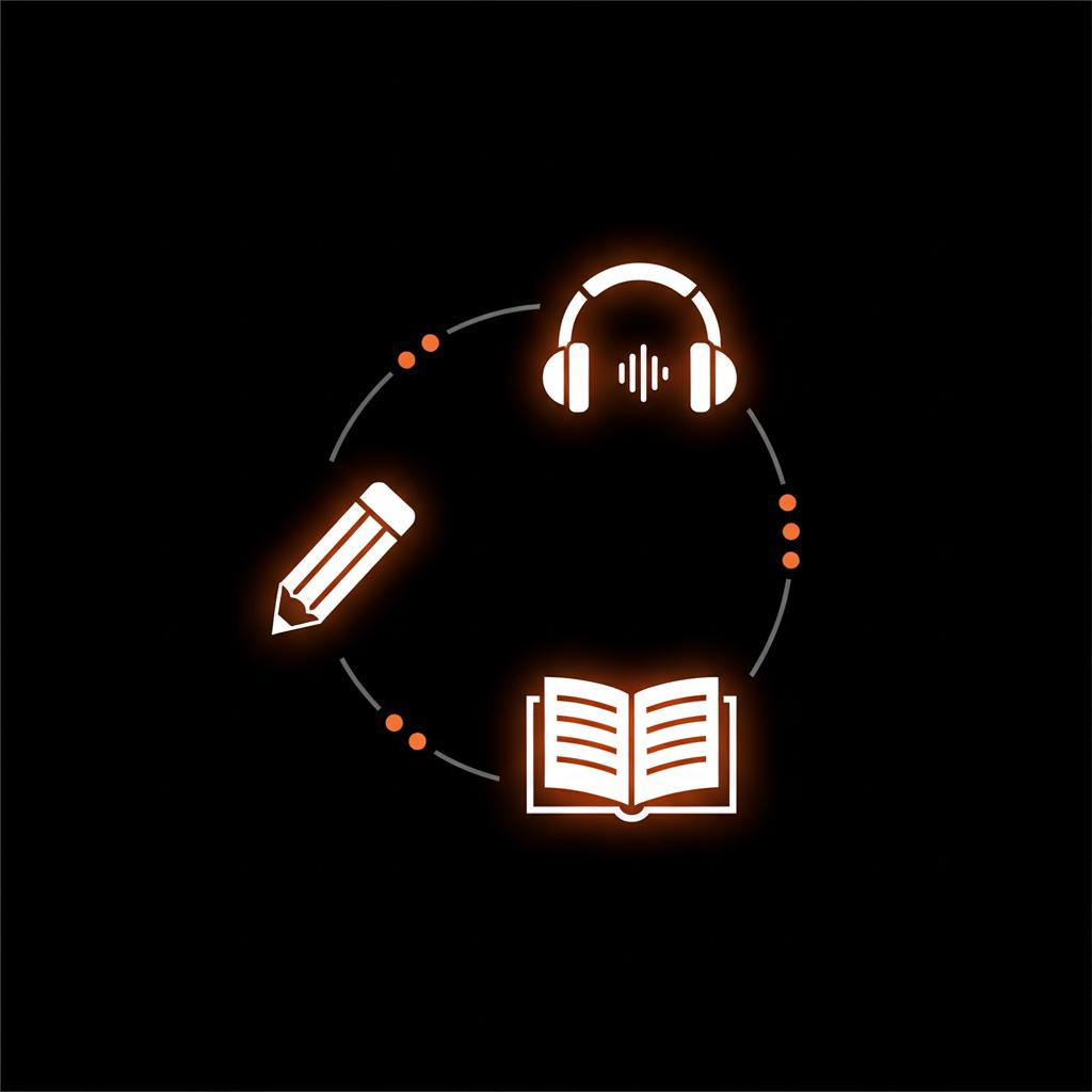 How long does WhatsApp account recovery take? Minimal 2D vector infographic of a daily content rhythm (create, listen, learn) on black background in Social Success Hub brand colors.