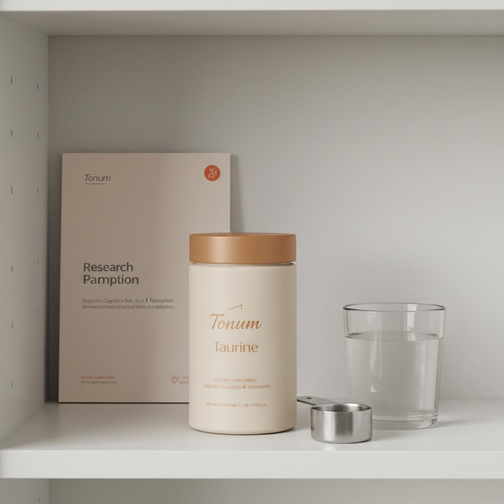 Minimalist medicine-cabinet shelf with Tonum taurine bottle, measuring scoop and glass of water beside a Tonum research pamphlet, suggesting taurine for headaches and clinical supplementation.