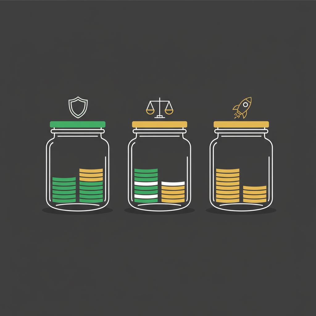 Minimalist 2D vector of three icon labeled jars showing conservative balanced and speculative 100 dollar allocations using Finance Police brand colors for best coins to invest in