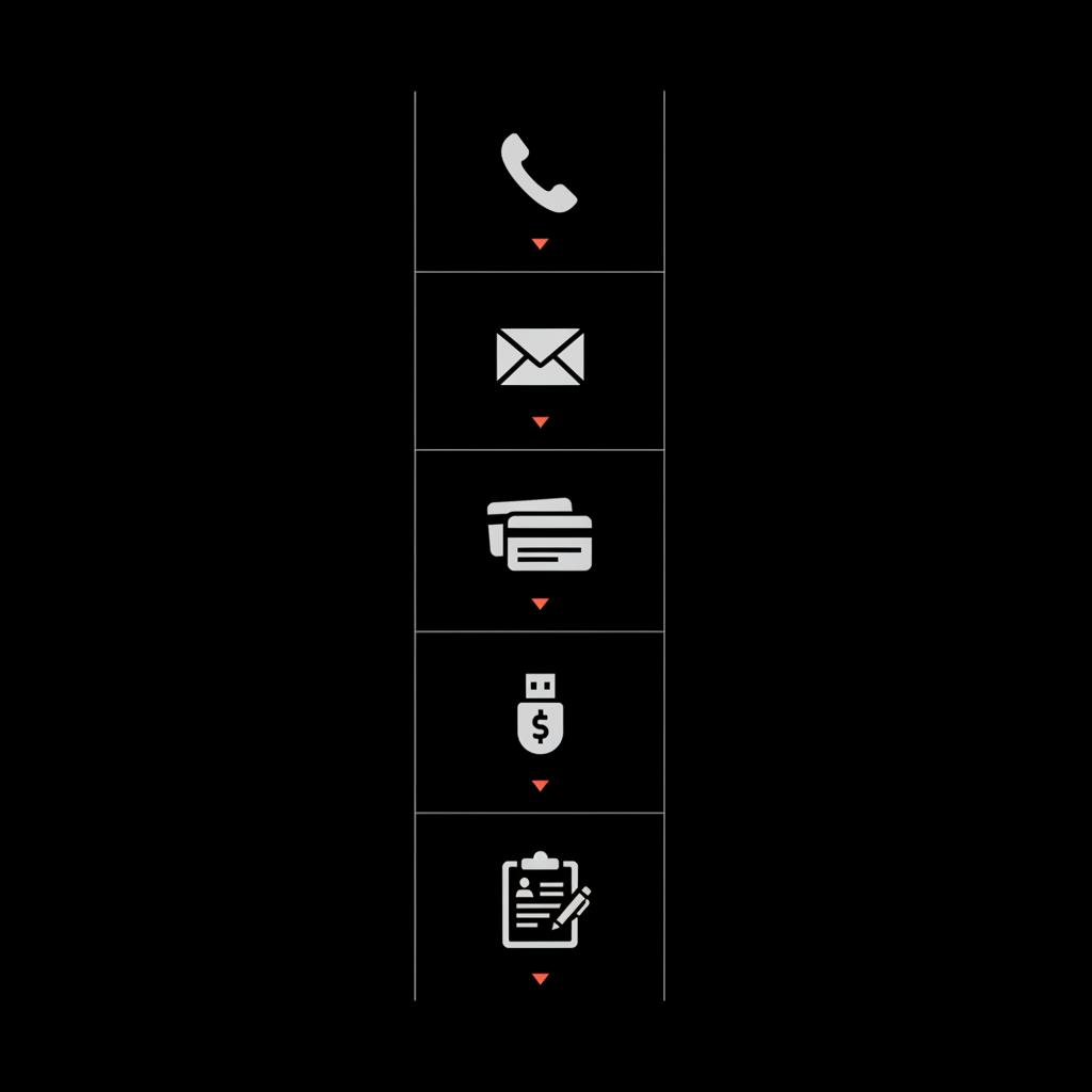 Minimal vector infographic showing recovery steps: phone, email, backup codes, security key, manual form on black — how to recover Google account instantly