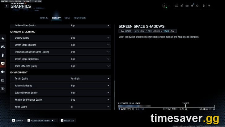 Black Ops 7 in-game Graphics > Quality settings with the estimated VRAM-usage meter — lowering texture/quality and disabling Frame Generation stops a hard freeze while loading in