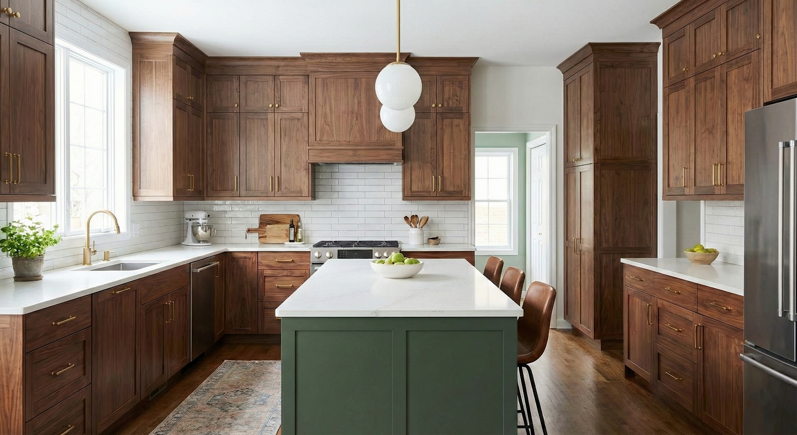 Dark wood kitchen with globe pendants and marble island