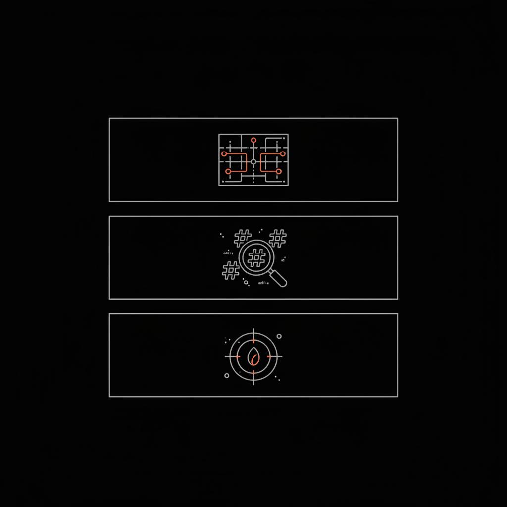 Minimal vector infographic showing a three-layer hashtag set (broad, medium, niche) on black background with gray dividers and orange accent highlights for viral hashtags.