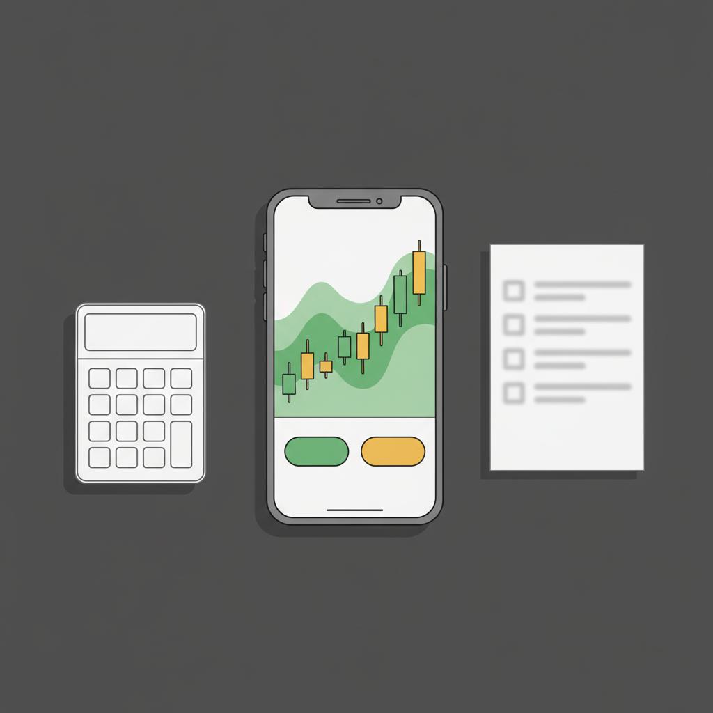 Top view minimalist workspace with smartphone showing simplified trading UI and blurred checklist on dark table emphasizing crypto trading platform with green and gold accents