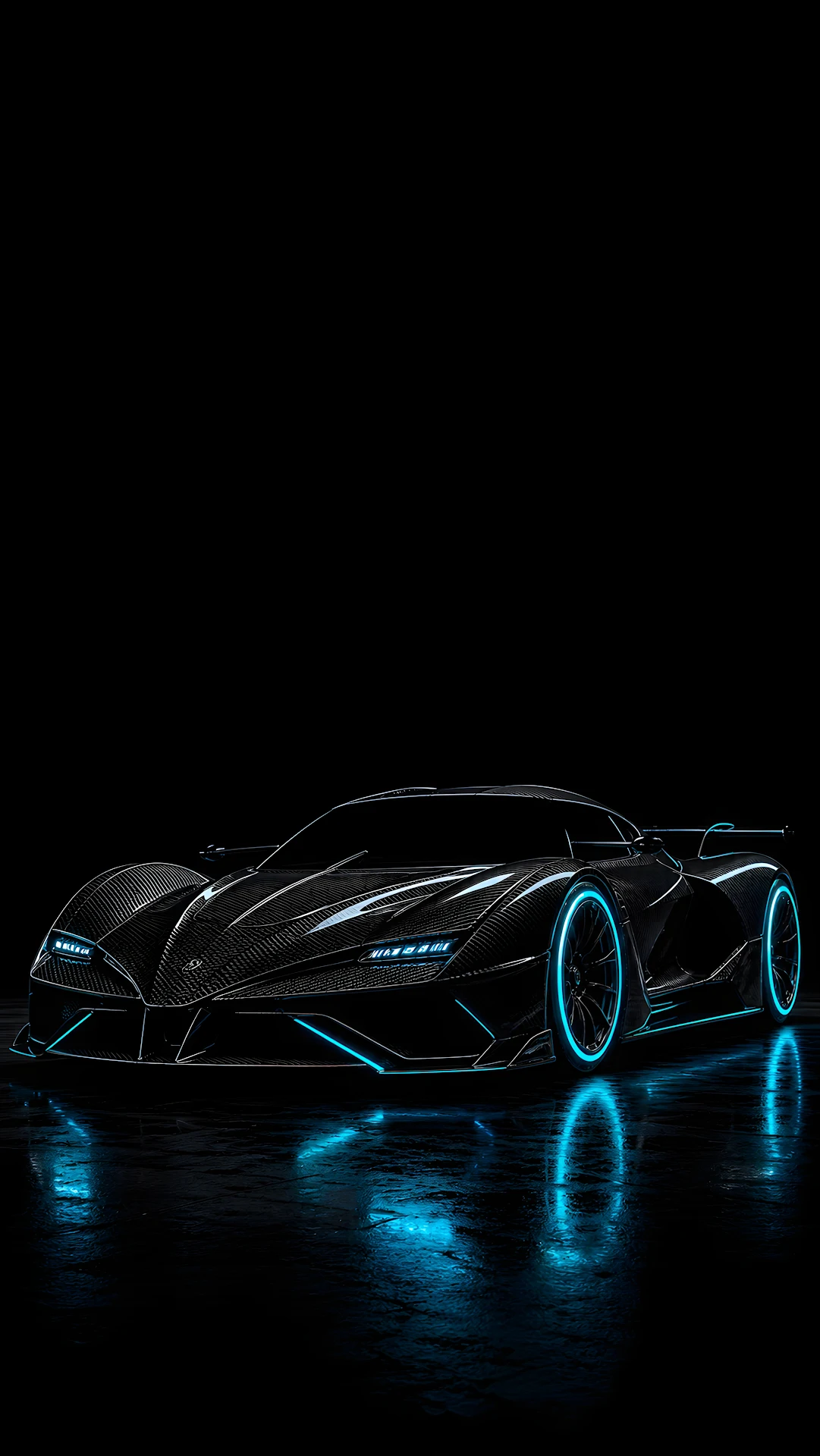 Glossy Carbon Fiber Hypercar with Glowing Cyan Rim Accents - Free 4K mobile Wallpaper