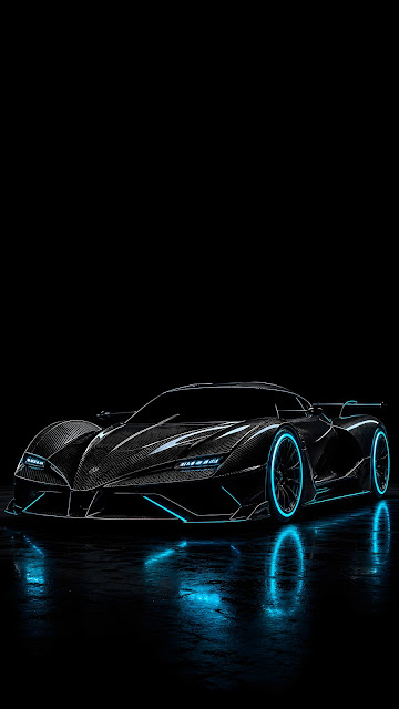 Glossy Carbon Fiber Hypercar with Glowing Cyan Rim Accents - Free mobile Wallpaper