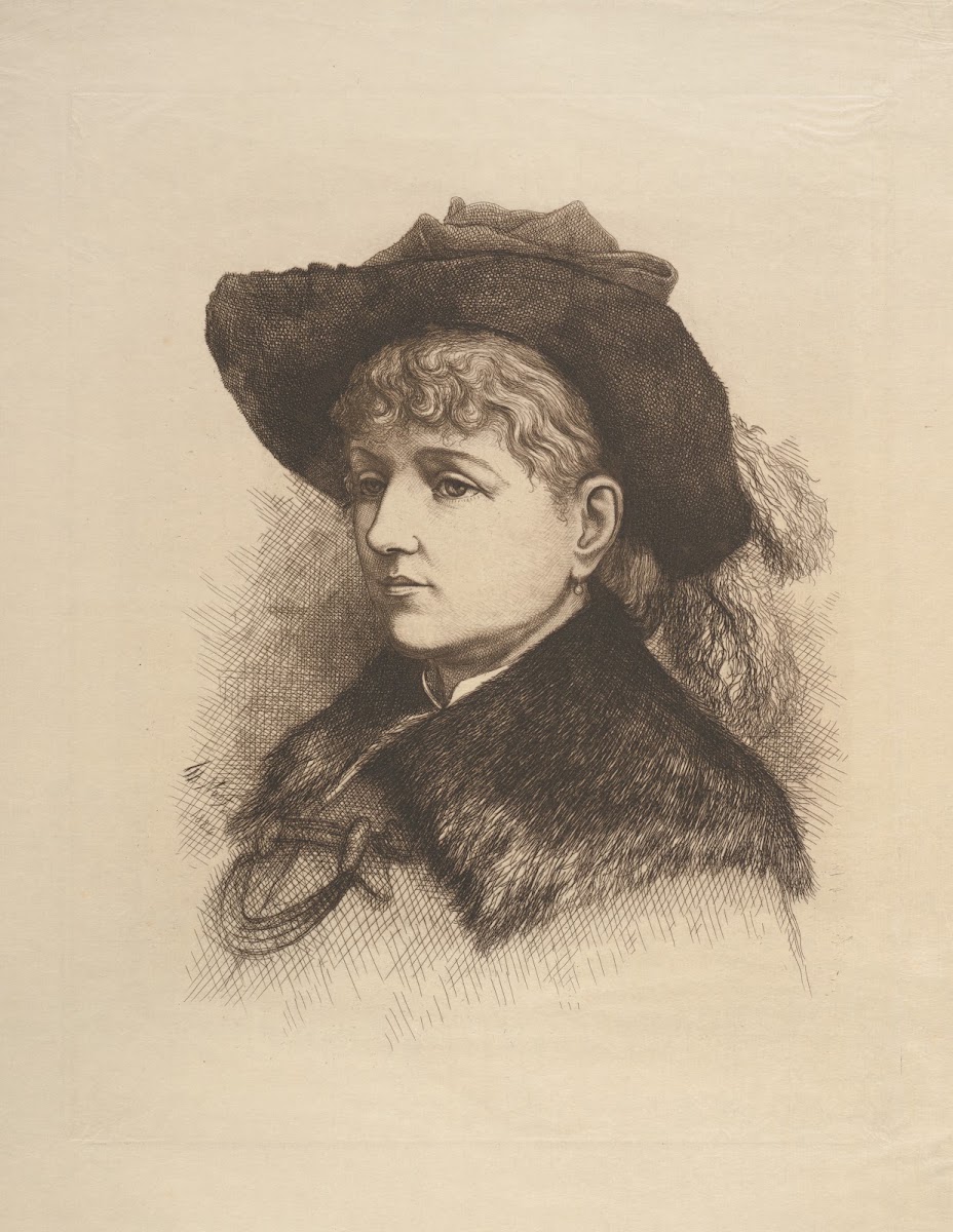 Bust portrait of woman wearing hat and fur collar coat 1884