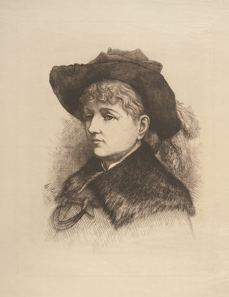 Bust portrait of woman wearing hat and fur collar coat 1884