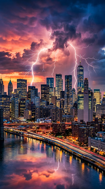 Dynamic Cityscape at Dusk with Lightning Streaks and Dramatic Clouds - Free mobile Wallpaper