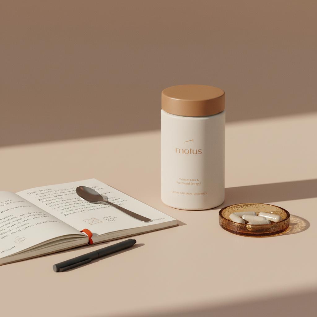 Motus supplement bottle on beige tabletop with lab notebook and amber pill dish of capsules — Which vitamin controls blood sugar? Minimal clinical lifestyle scene.