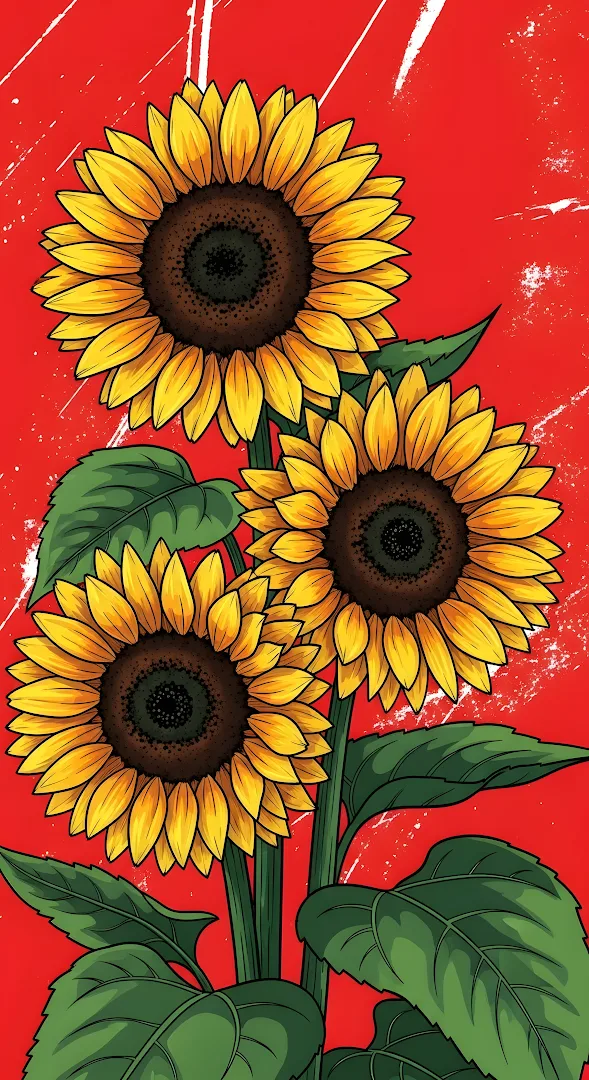 Vibrant Pop Art Sunflowers on Bold Red Background Illustration
