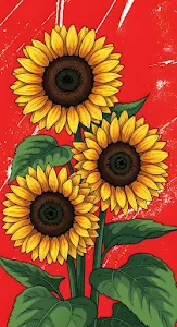 Vibrant Pop Art Sunflowers on Bold Red Background Illustration