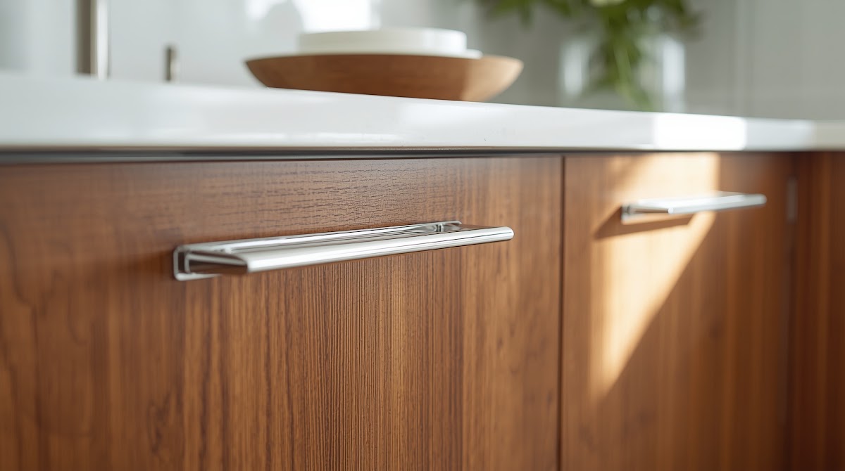 How to Pair Chrome Hardware With Warm Wood Cabinets - final inviting chrome and warm wood living room styling reveal
