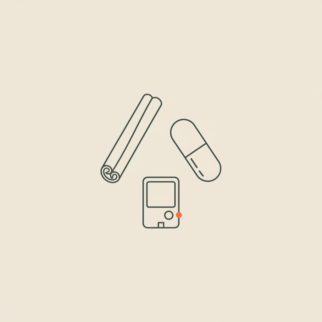 Minimalist Tonum-style line illustration of cinnamon stick, capsule, and glucometer on beige background — How long does it take cinnamon to lower A1C?