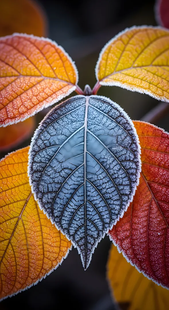 Macro Frosted Autumn Leaves Texture Contrast