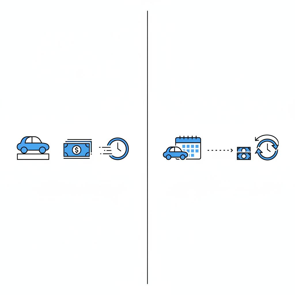 Vector split screen comparison of quick dealer trade in and slow private sale highlighting trade in value car time versus cash