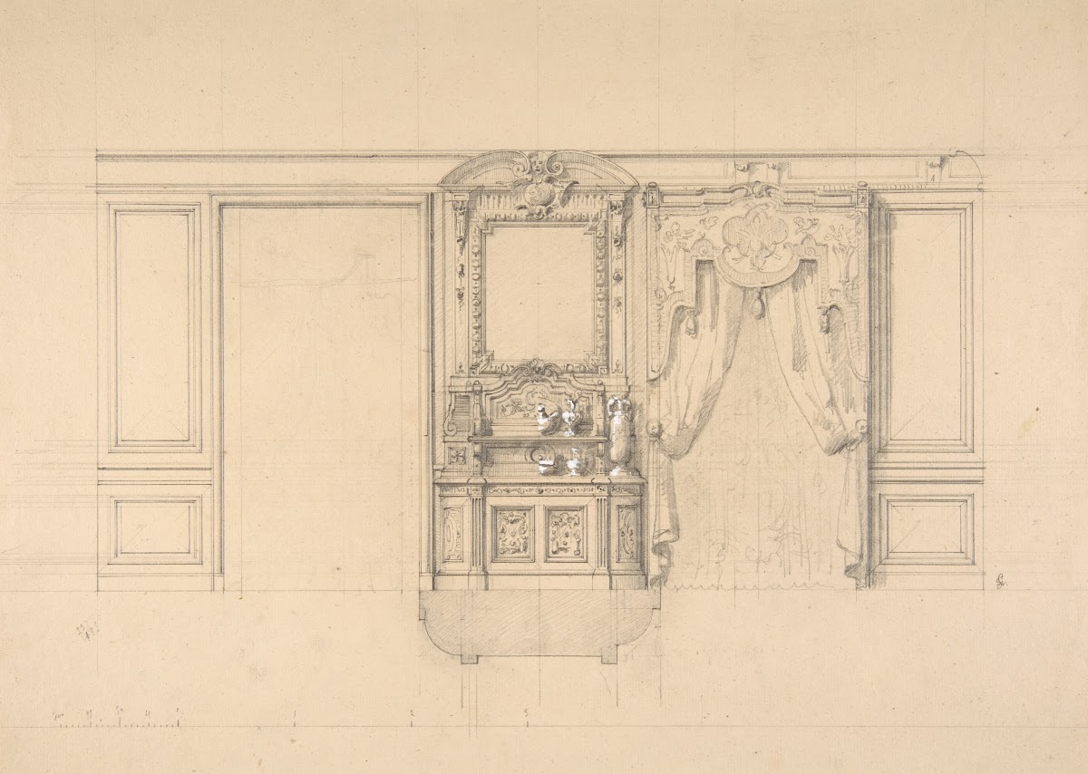 Elevation of a dining room with a carved buffet and window draperies 19th Centur