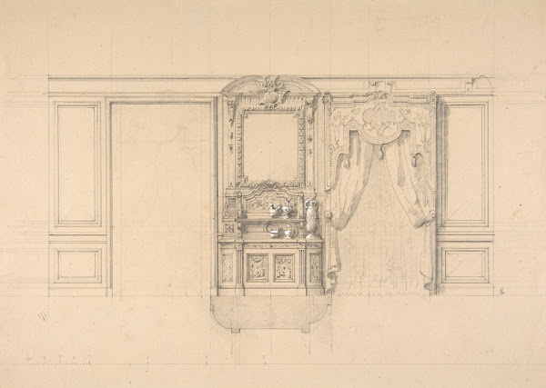 Elevation of a dining room with a carved buffet and window draperies 19th Centur