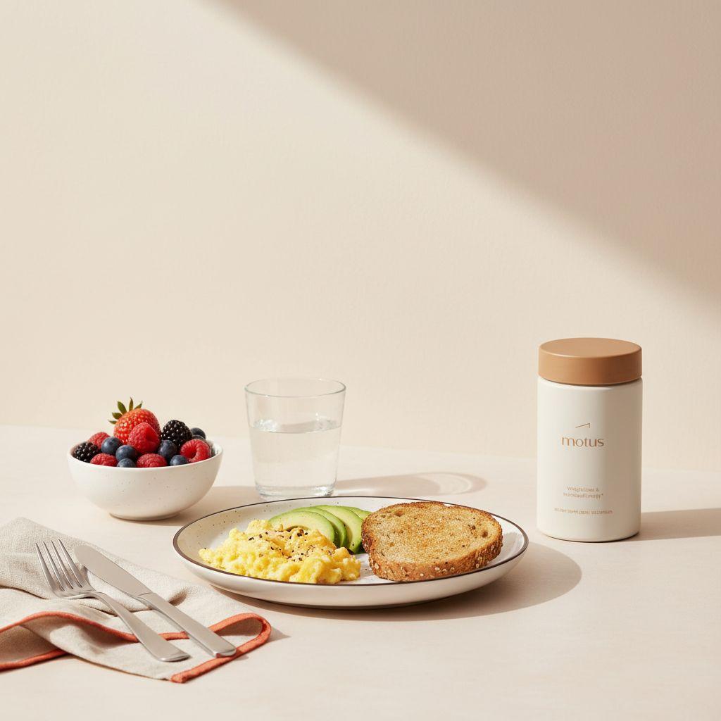 Tonum Motus jar beside a bowl of berries, glass of water and protein-rich breakfast on a minimalist kitchen counter — visual for how to get rid of diabetes belly