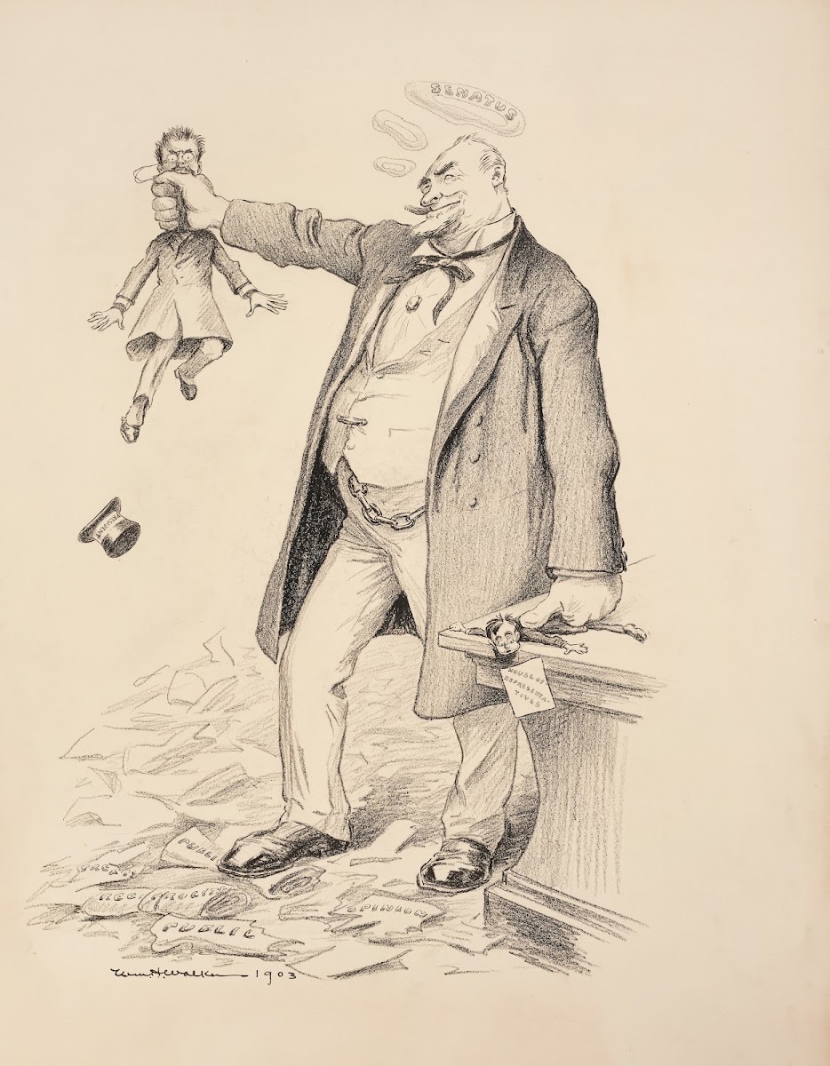 A large man representing the Senate holds a small man representing the House of