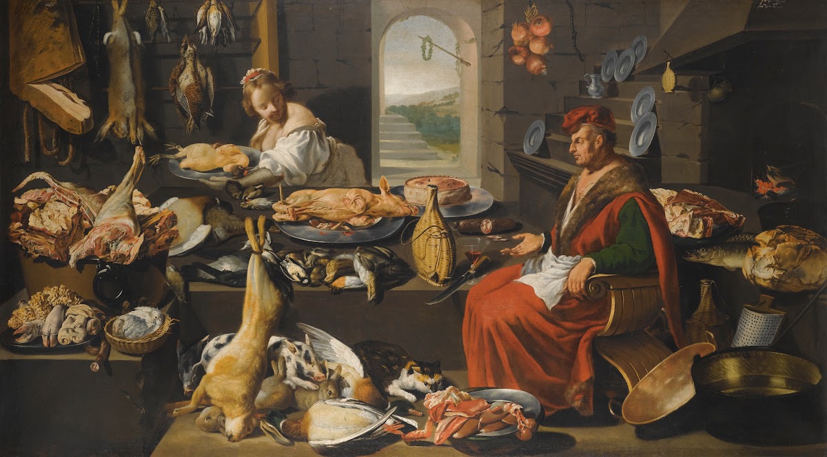 A Kitchen Interior With A Chef And His Assistant Surrounded By Meats And Cooking