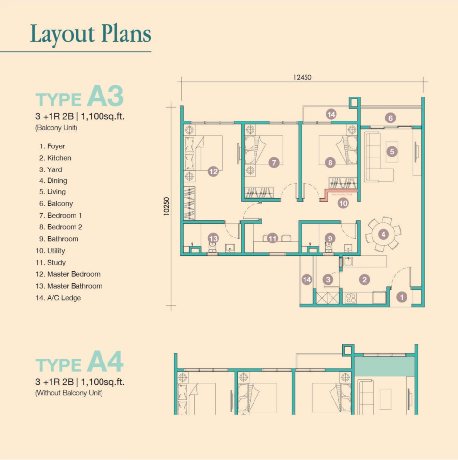 D'Tessera Type A3 floor plan — 1157 sq ft, 3 bedrooms