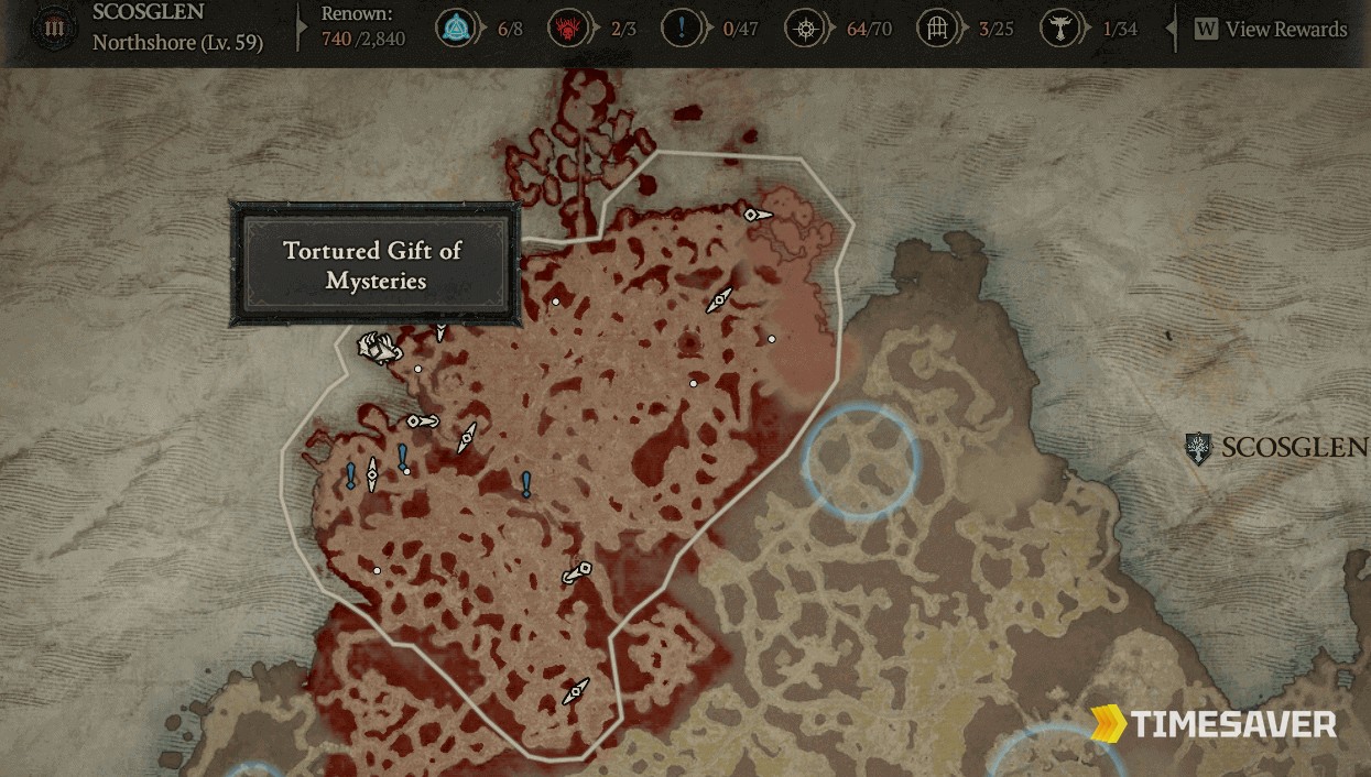 Diablo 4 map showing the red Helltide region and a Tortured Gift of Mysteries marker in Scosglen