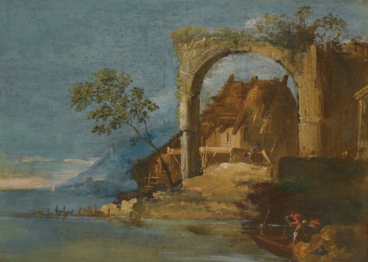A Capriccio Fluvial Landscape With Figures In A Boat In The Foreground