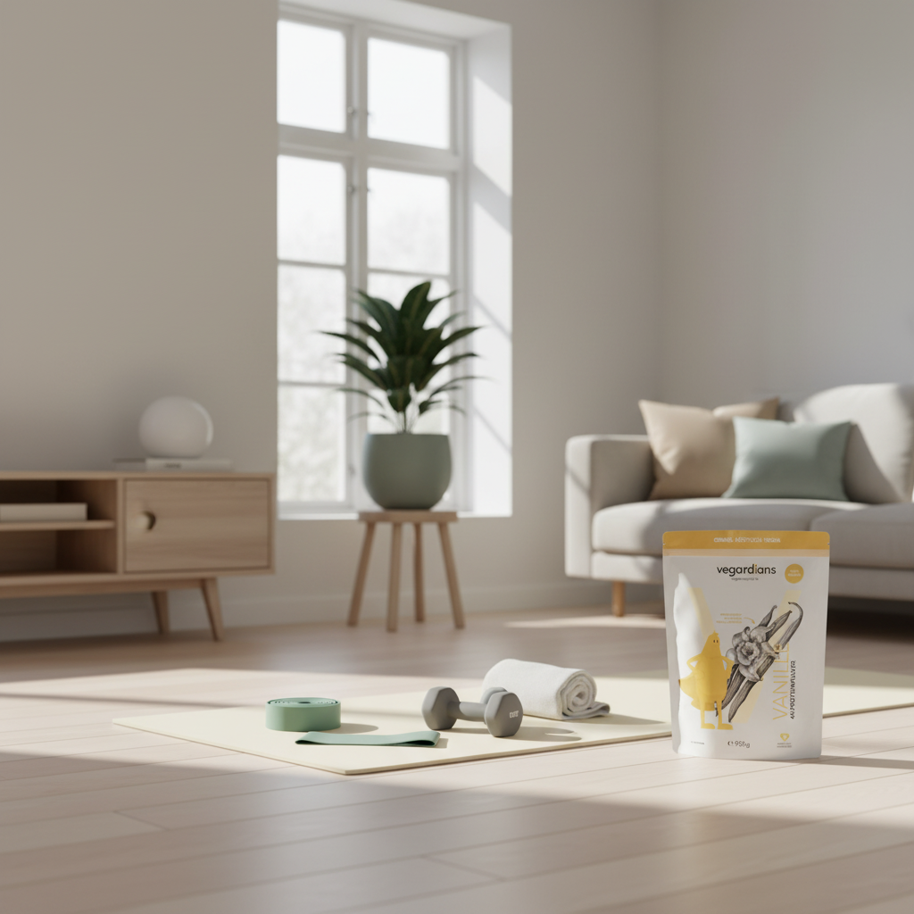 Minimalistische Heimtrainingsszene mit Yogamatte, Kurzhanteln und Theraband im skandinavischen Wohnzimmer bei Winterlicht – wie lange bis sichtbare bauchmuskeln