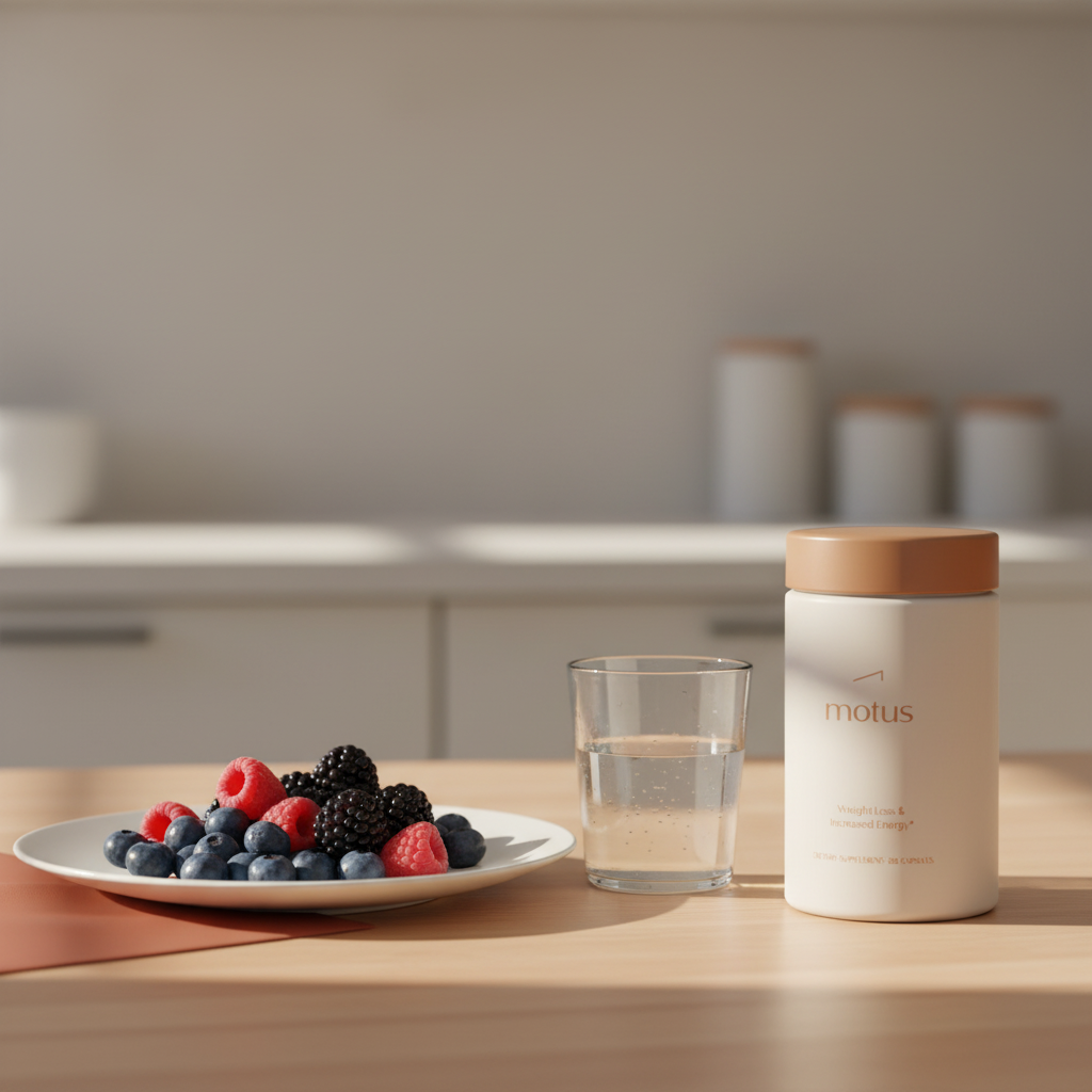 Tonum Motus supplement jar on a wooden kitchen table beside a plate of berries and a glass of water in a minimalist daylight scene for weight loss patches.