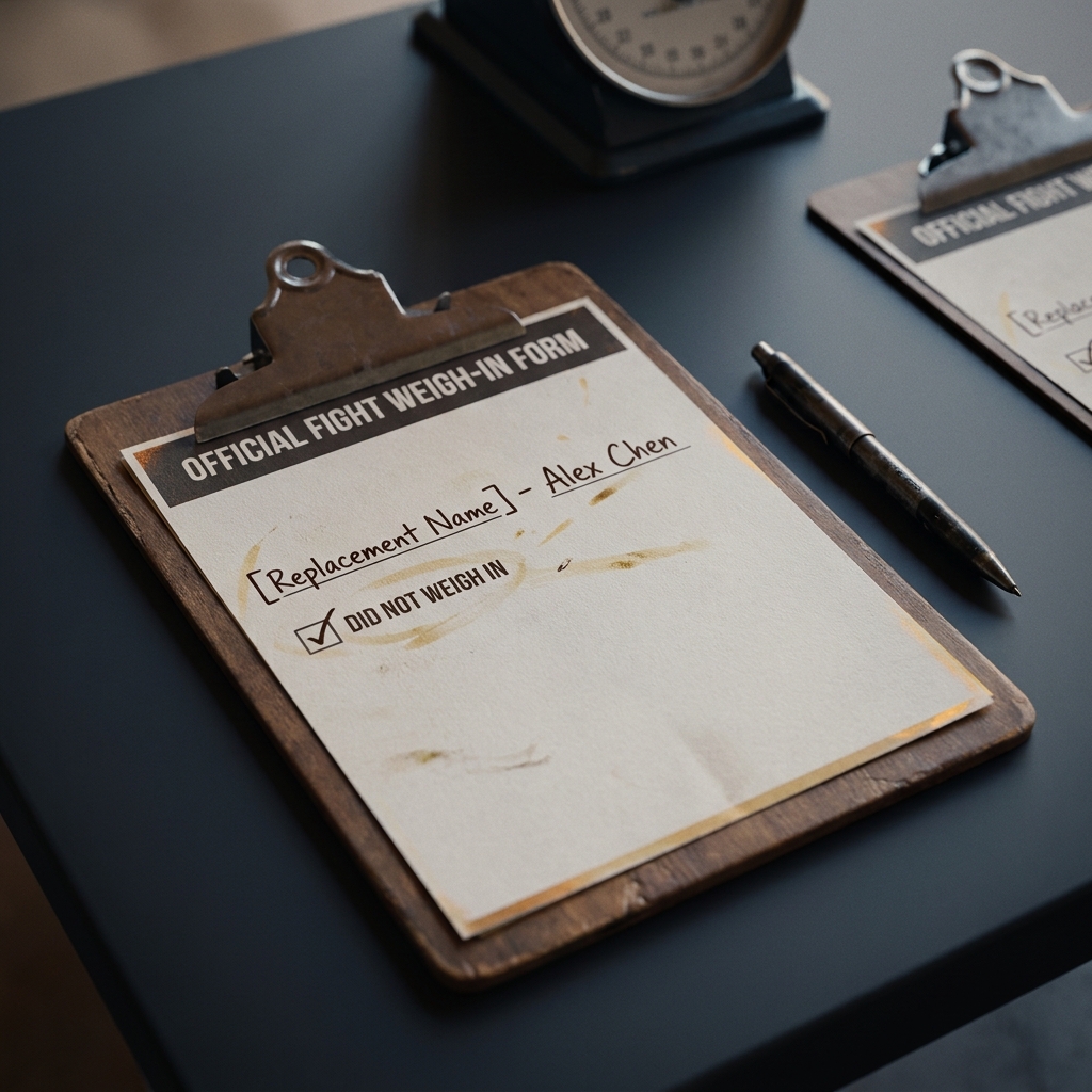Close up of a weigh in clipboard showing a handwritten replacement name at a fight weigh in illustrating Why Late-Replacement Fighters Are Hard to Price