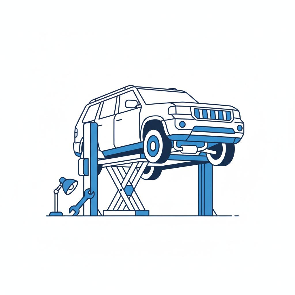Minimalist vector of a raised SUV on a lift showing suspension and underbody inspection used toyota 4runner for sale on white background with blue accents