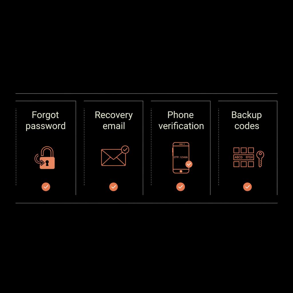 How do I find my email password? Minimal vector infographic showing forgot-password flow with recovery email, phone verification and backup codes on a black background.