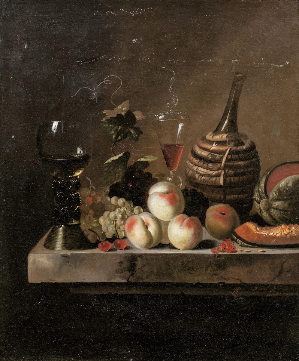 Still Life With Fruit A Wine Flask In A Basket And A Large Roemer