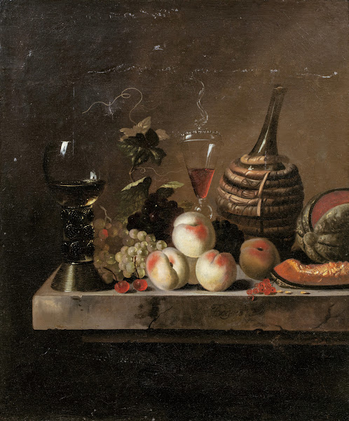 Still Life With Fruit A Wine Flask In A Basket And A Large Roemer