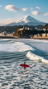 Surfer with Red Board and Iconic Mount Fuji Backdrop