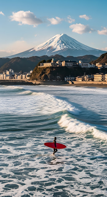 Surfer with Red Board and Iconic Mount Fuji Backdrop - Free mobile Wallpaper