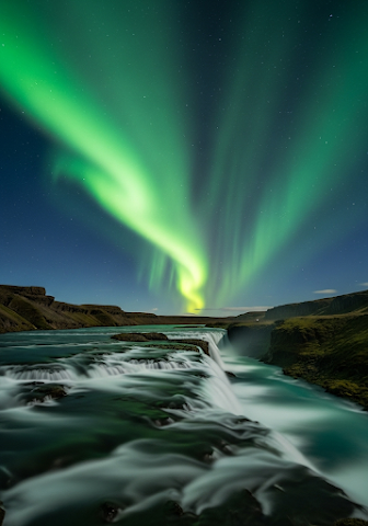 Northern Lights over Bruarfoss Waterfall
