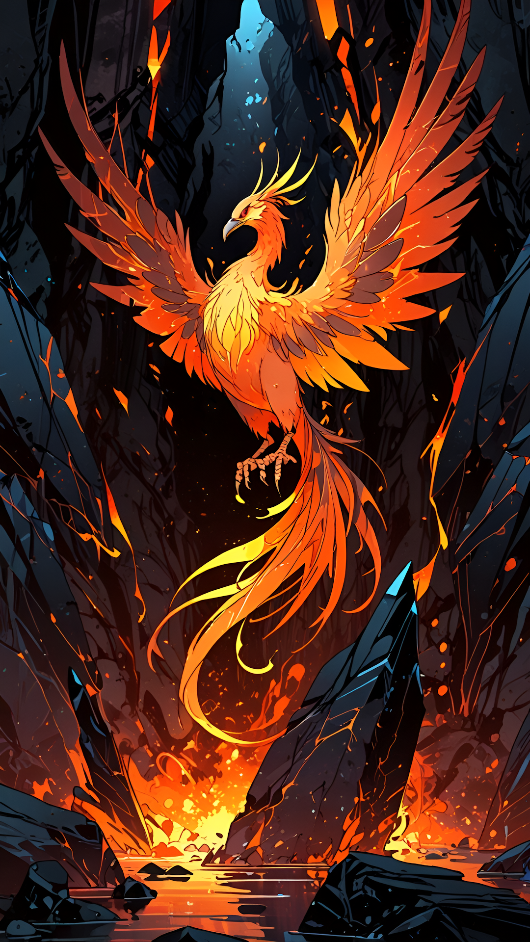 Vibrant Phoenix Rising From Molten Lava Cavern - Free 4K mobile Wallpaper