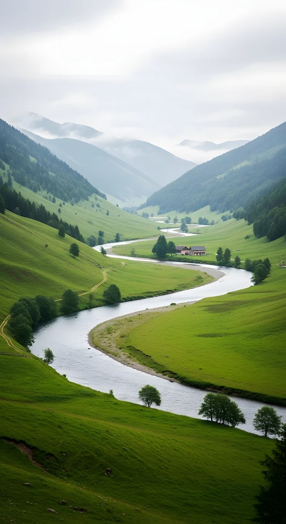 Winding River Valley Misty Green Mountain Landscape